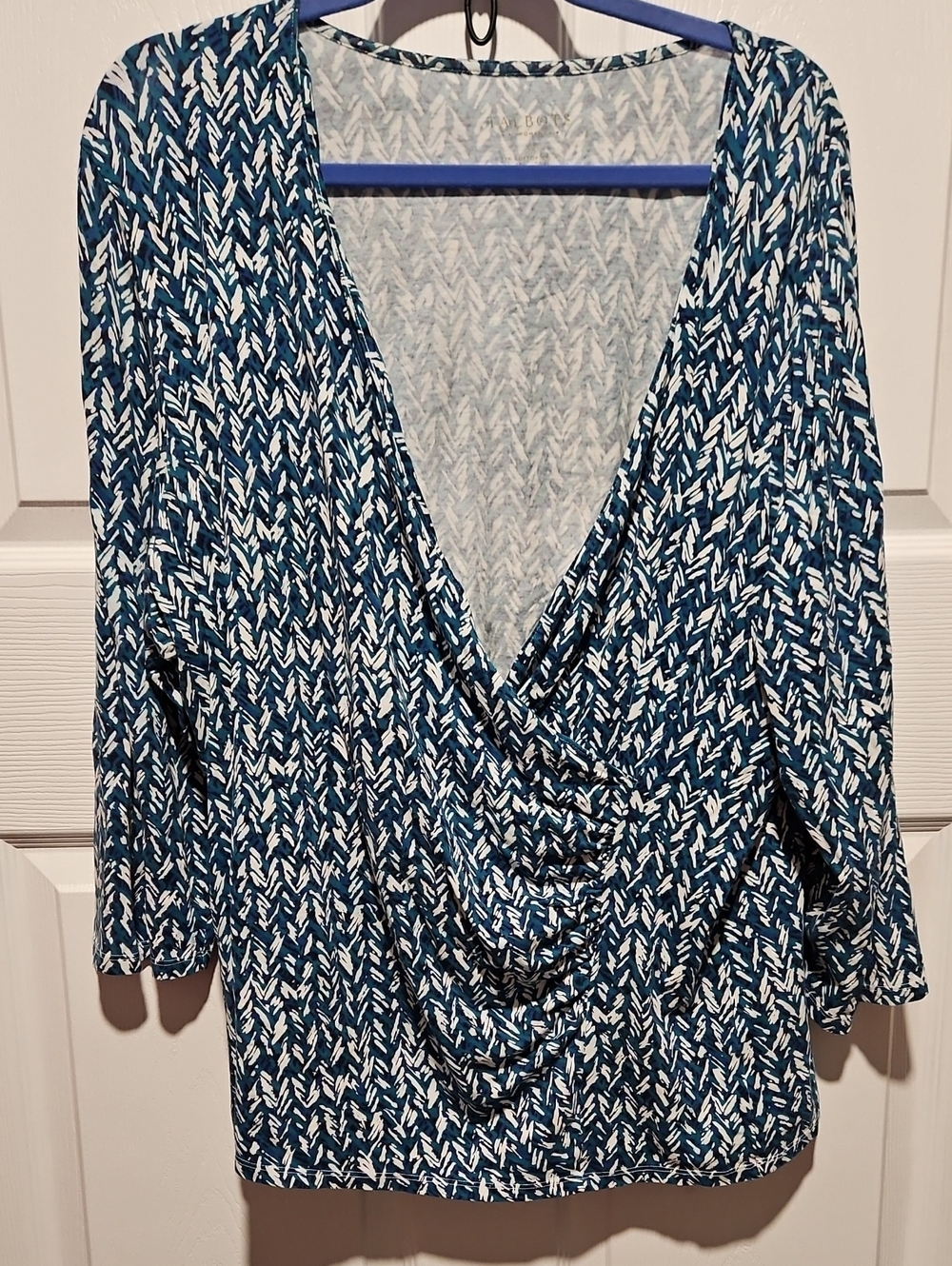 Talbots Blue and White Draped V-Neck Blouse